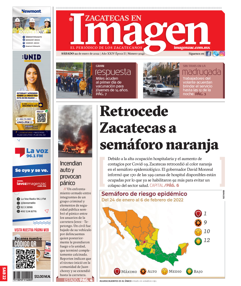 Imagen Zacatecas edición del 22 de enero de 2022