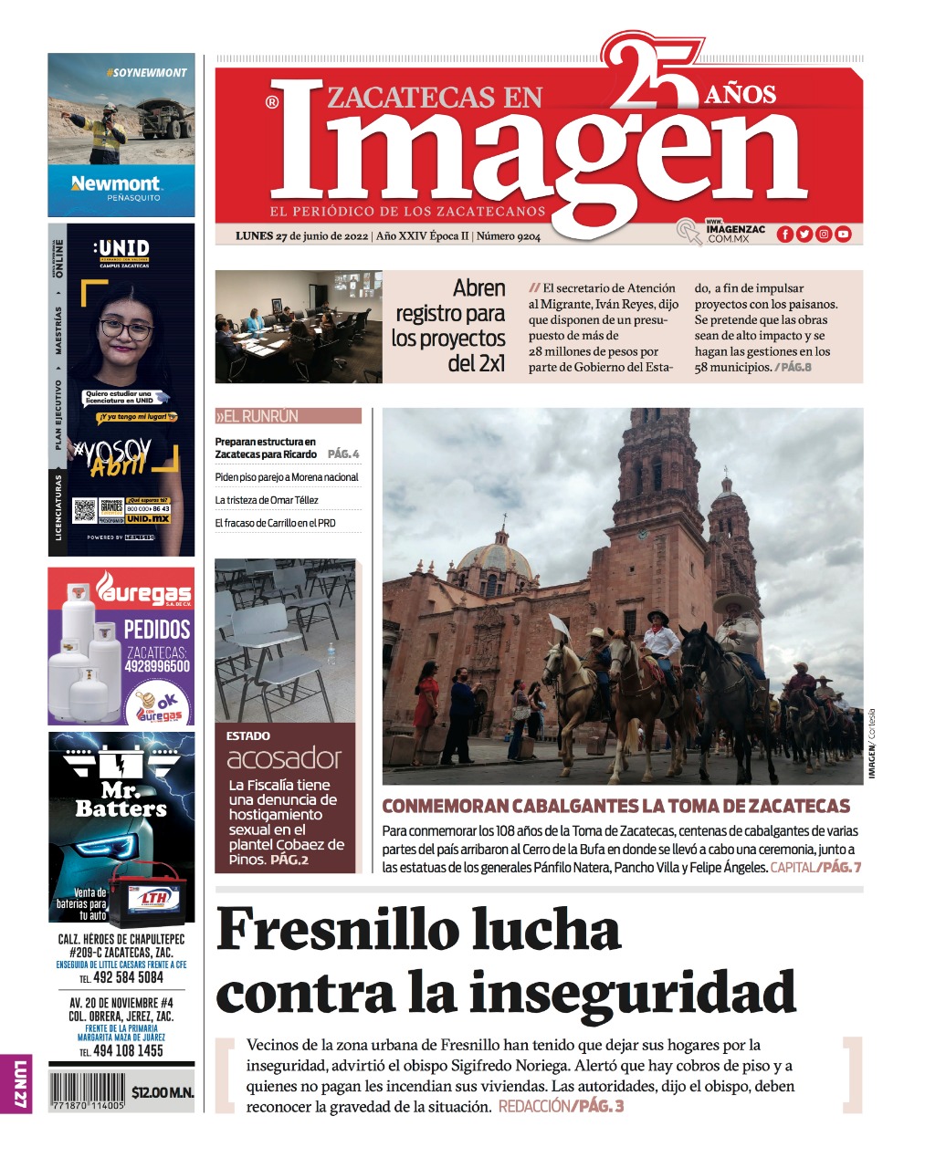 Imagen Zacatecas edición del 27 de junio de 2022