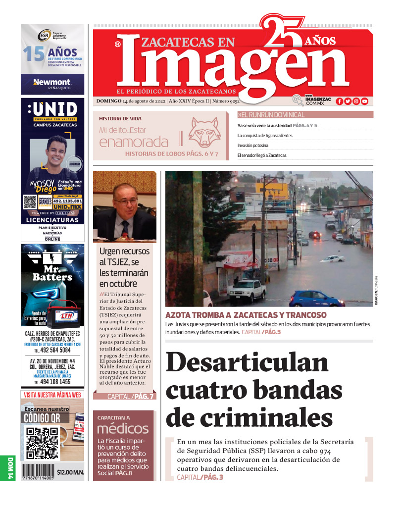 Imagen Zacatecas edición del 14 de agosto de 2022