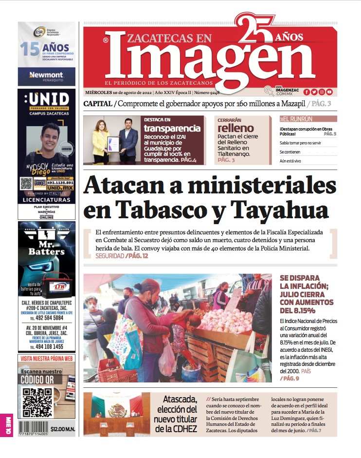 Imagen Zacatecas edición del 10 de agosto de 2022