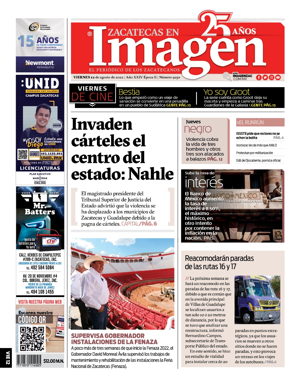 Imagen Zacatecas edición del 12 de agosto de 2022