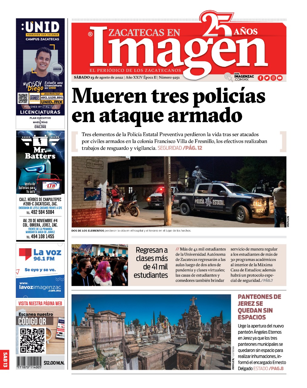 Imagen Zacatecas edición del 13 de agosto de 2022