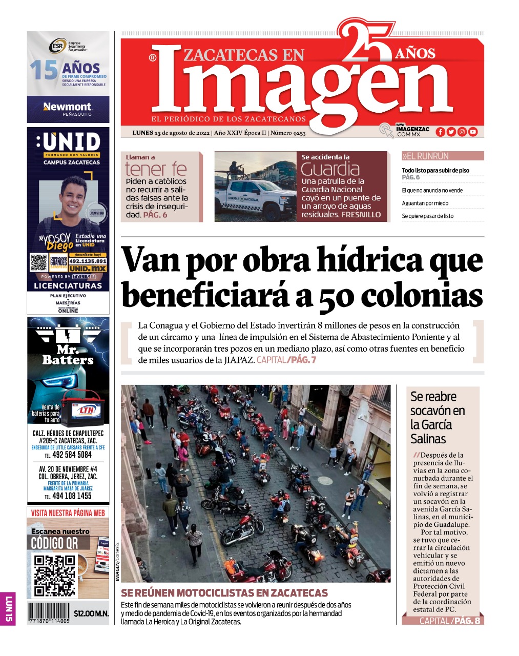 Imagen Zacatecas edición del 15 de agosto de 2022