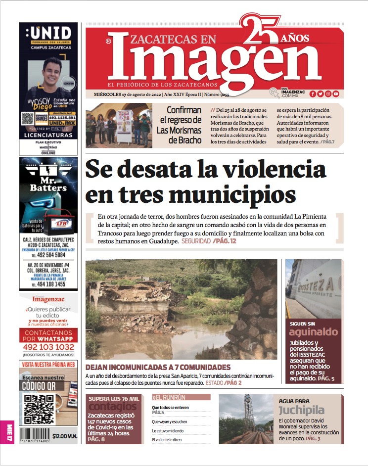 Imagen Zacatecas edición del 17 de agosto de 2022