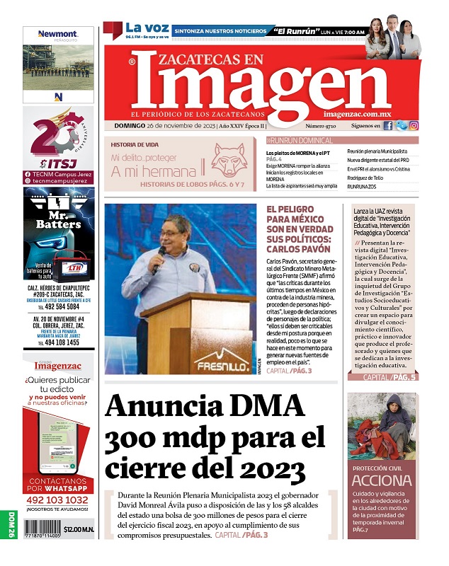 Imagen Zacatecas edición del 26 de noviembre de 2023