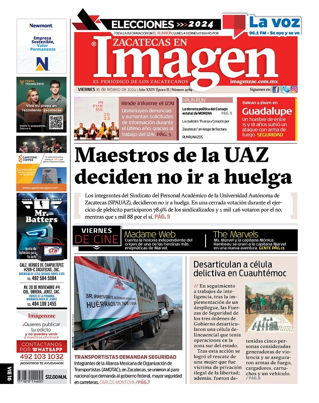 Imagen Zacatecas edición del 16 de febrero de 2024