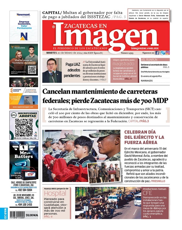 Imagen Zacatecas edición del 20 de febrero de 2024