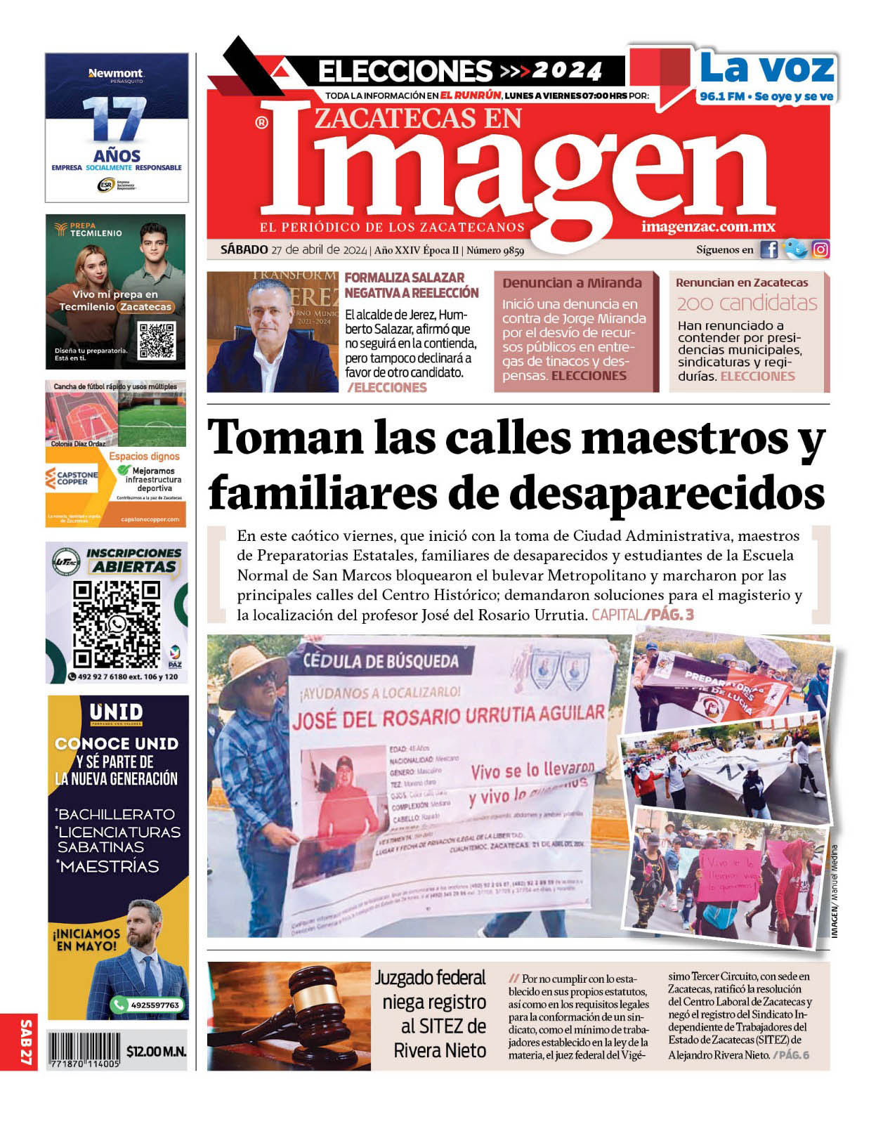 Imagen Zacatecas edición del 27 de abril de 2024