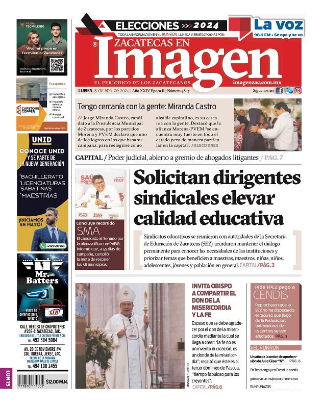 Imagen Zacatecas edición del 15 de abril de 2024