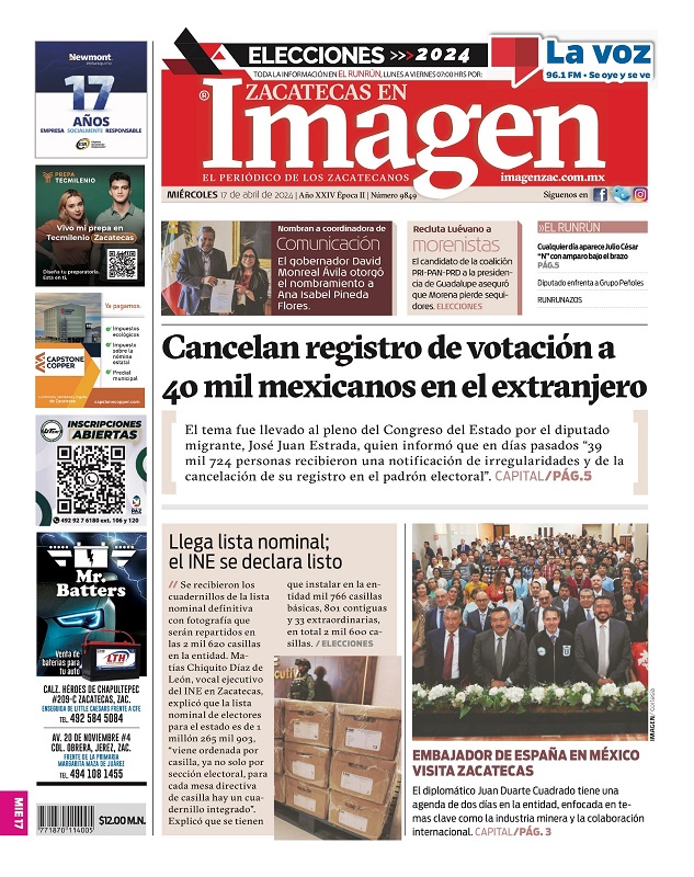 Imagen Zacatecas edición del 17 de abril de 2024