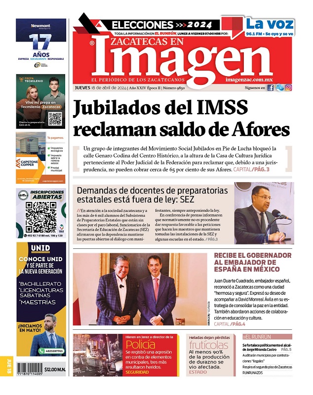 Imagen Zacatecas edición del 18 de abril de 2024