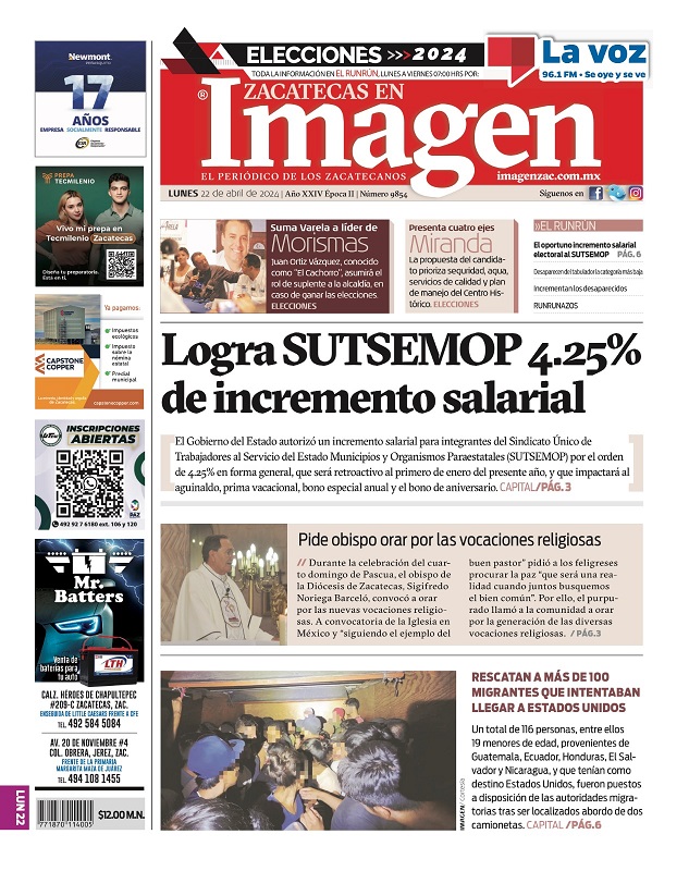 Imagen Zacatecas edición del 22 de abril de 2024