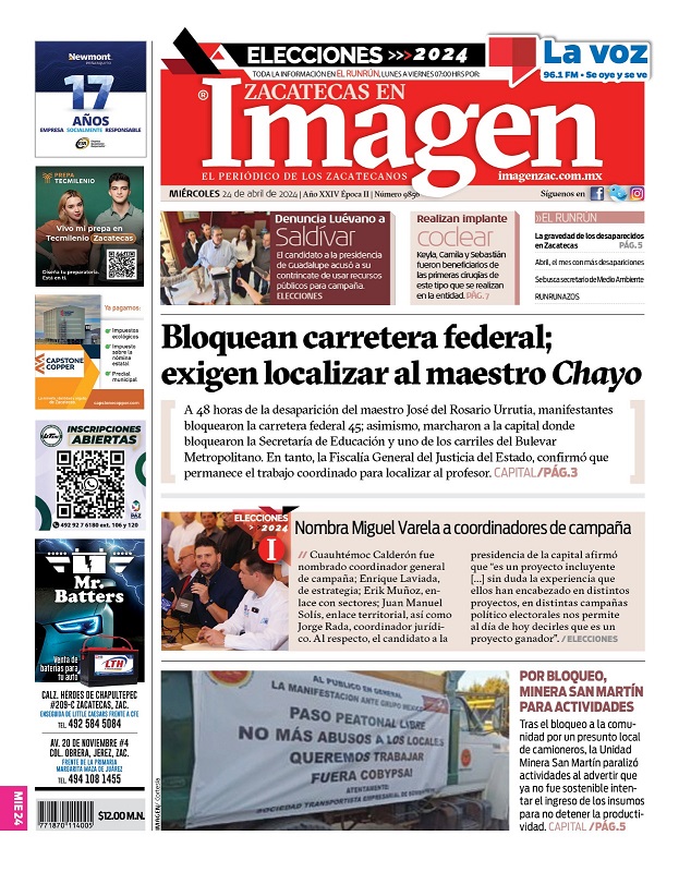 Imagen Zacatecas edición del 24 de abril de 2024